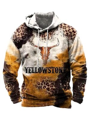 Vintage Yellow Stone Printed Long Sleeve Men Hoodie