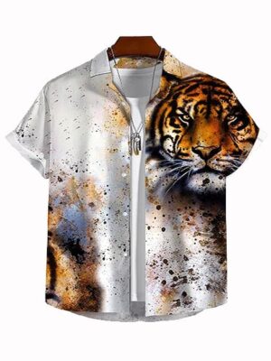 Hawaiian Tiger 3D Printed Short Sleeve Men Shirt