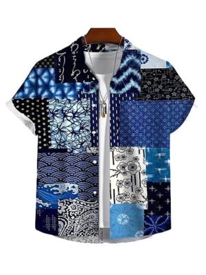 Hawaiian Patchwork Printed Short Sleeve Men Shirt