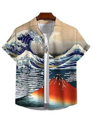 Hawaiian Landscape Print Short Sleeve Men Shirt