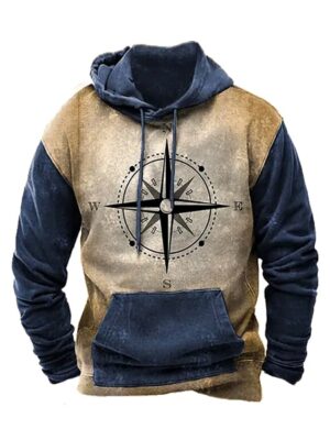 Vintage Compass Style Printed Long Sleeve Men Hoodie
