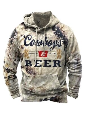 Vintage Style Cowboy Printed Long Sleeve Men Hoodie