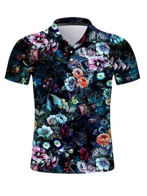 Homme Flower 3D Print Short Sleeve Polo Shirt