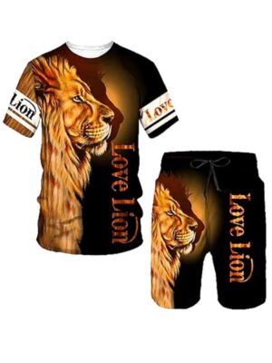Fierce Lion Style 3D Printed Short Sleeve 2 Piece Set