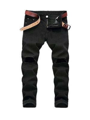 Knee Ripped Design Casual Straight Style Men Denim Jeans