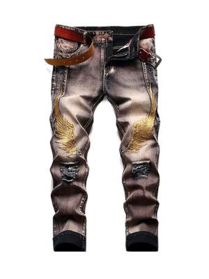 Vintage Design Hiphop Print Straight Style Men Denim Jeans