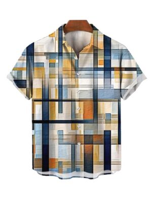 Hawaiian Plaid Style Print Short Sleeve Men Shirt