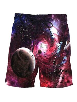 Fantasy Planets Graphic Print Beach Style Men Shorts